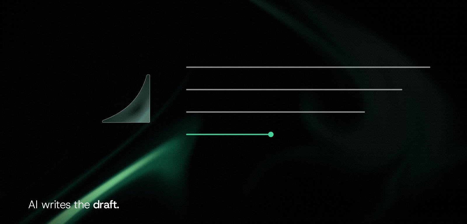 One glass half of the spark; to its right, lines of light being written, the last one mint. Words: AI writes the draft.