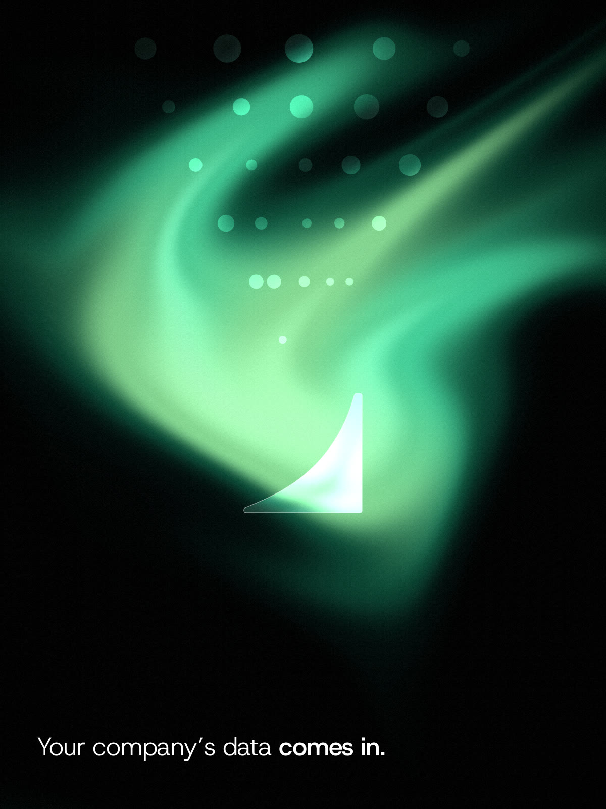 Glass beads of light stream down into one glass half of the keyAI spark over flowing mint light. Words: Your company’s data comes in.