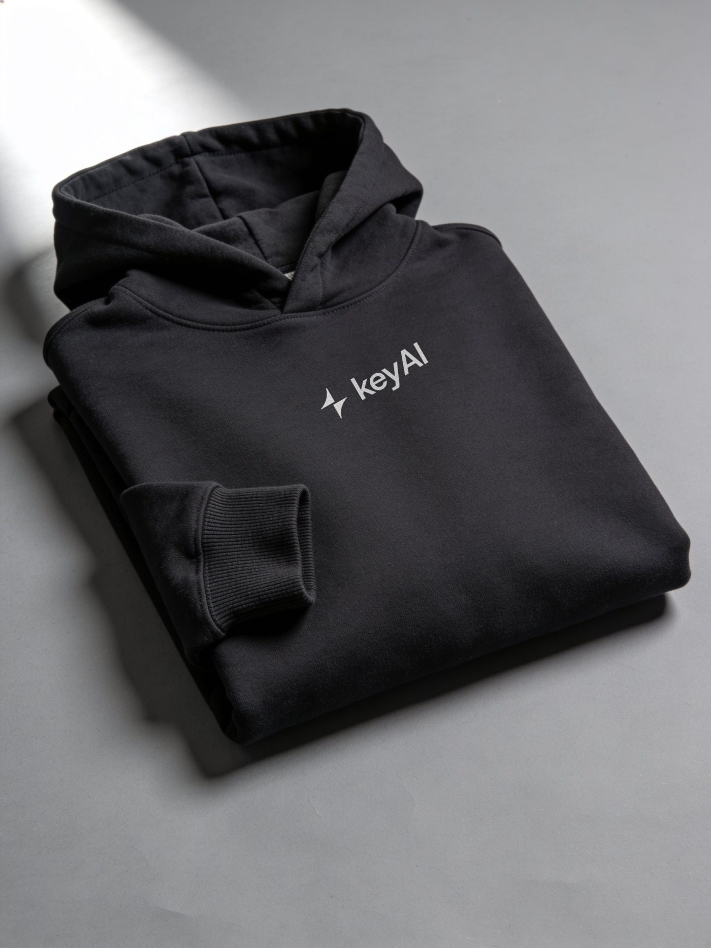 Folded black hoodie with a small white keyAI chest lockup