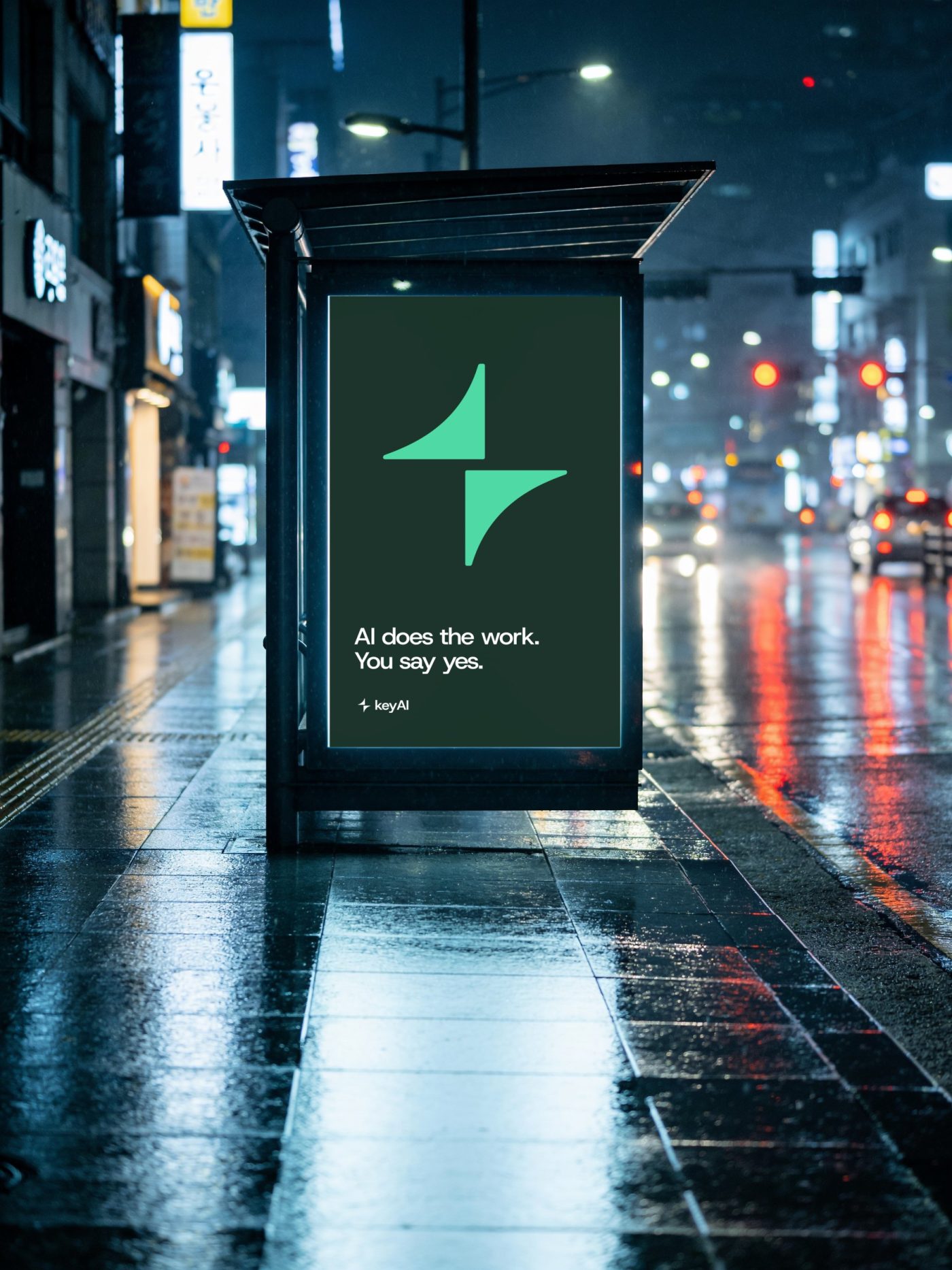 Bus shelter lightbox at night in Seoul with a deep green keyAI poster